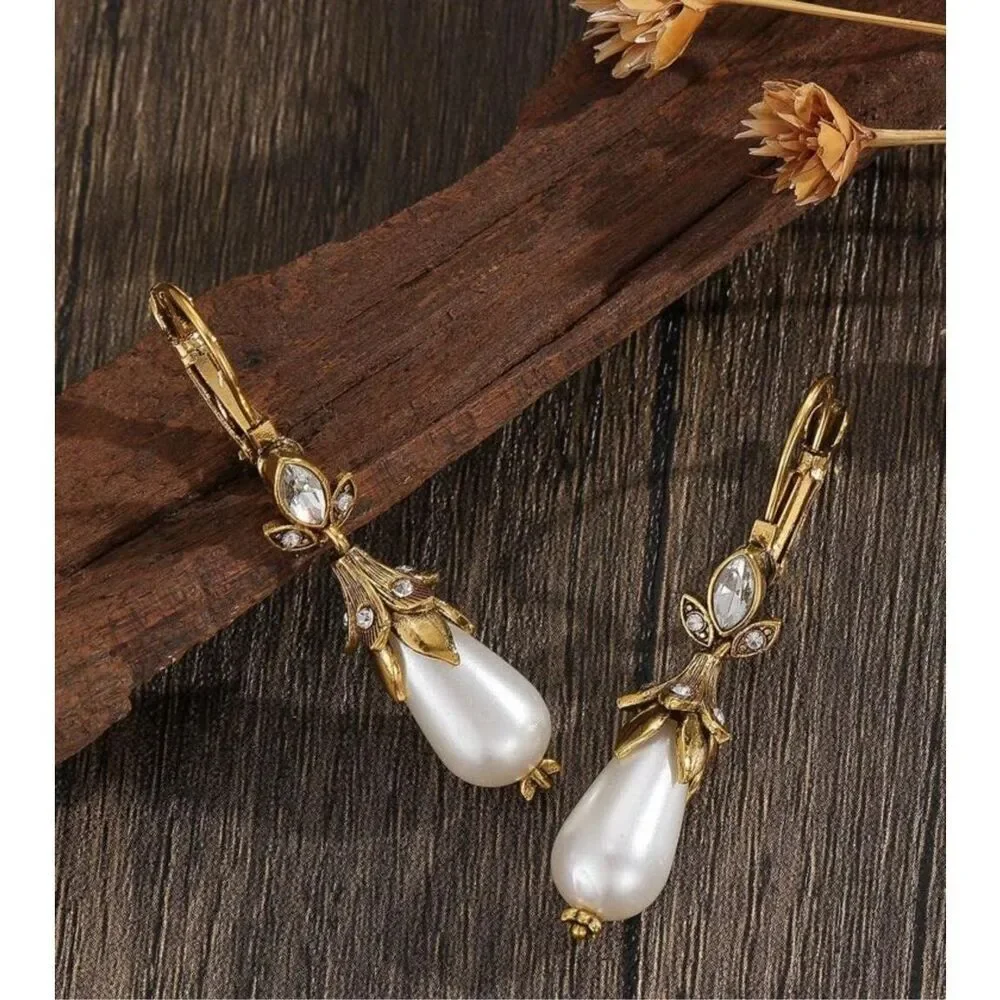Antiqued Brass Pearl Drop Earrings